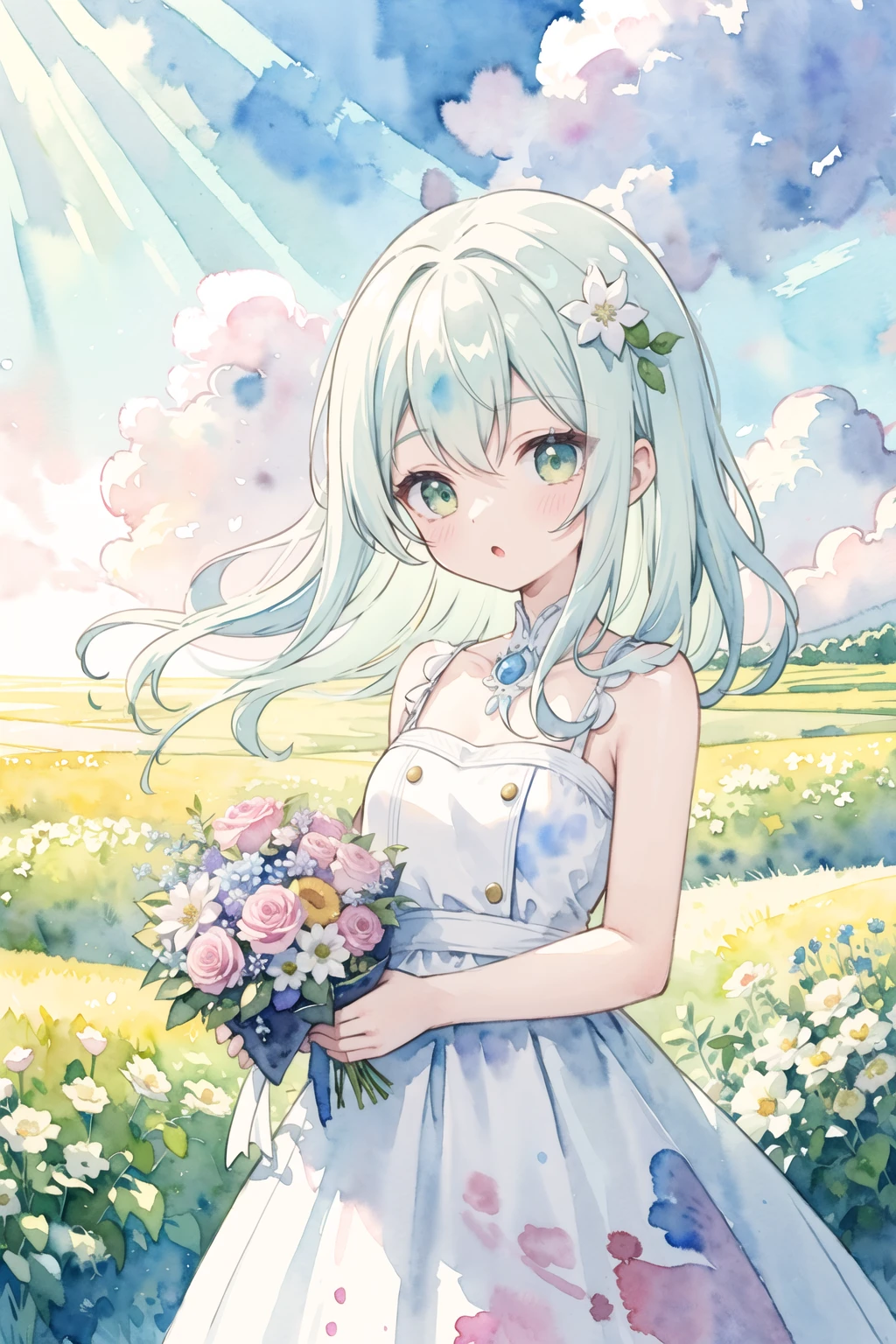 (masterpiece) ,ultra detailed, (watercolor, pastel colors:1.5) (cute illustration:1.2), (field of flowers:1.1) ,yellow tone, twilight, solo girl, white hair, white dress, sleeveless, bouquet, low contrast, light green eyes, :o, wavy medium hair, hair ornament,
BREAK, dreamy atmosphere, sun rays, detailed shadow, peaceful, (countryside:0.6), soft color,