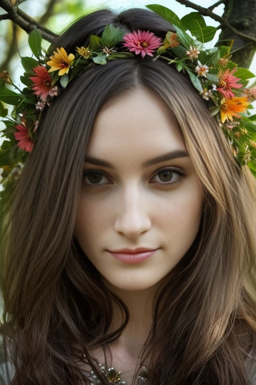 (headshot), Masterpiece, best quality, ((medieval)), (inside a flowering forest), moonlight,  BREAK
((clothes made out of leaves)), flower crown, ((druid)), (fantasy), vines, flowers, ((wearing only leaves, vines, and flowers)), BREAK
colorful leaves and flowers growing from hair, dungeons and dragons, BREAK
pale  skin, fair skin, white skin, large breasts, BREAK
<lora:MCZ:1>