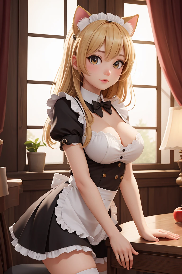 (masterpiece), best quality, high resolution, highly detailed, detailed background, perfect lighting, 1girl, maid, blonde hair, cat ears, large breasts, apple