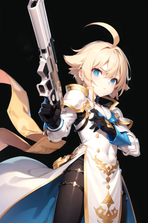 <lora:ChungSeiker-06:0.4> ,chungs, solo, blue eyes, blonde hair, gloves, 1boy, weapon, ahoge, male focus, chibi, armor, gun, black background, handgun