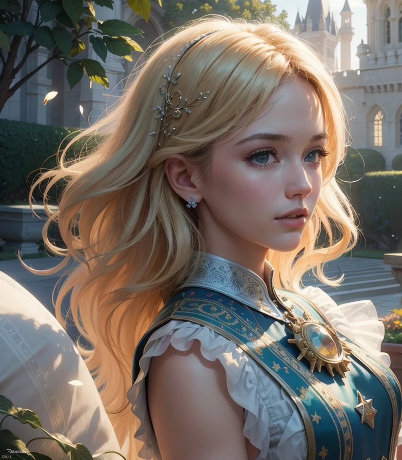 (Cinematic Photo:1.3) of (Masterpiece:1.3) A portrait of a (Belle) princess woman beautiful, dress crystal crystallized yellow pastel ornate drops transparent, hair blonde, fantasy, Medieval, epic hyper-detailed masterpiece ultra-wide, cinematic still, glamour hyper shoot, bokeh, pre-raphaelite, photo, realistic, octane render, 35 mm, photography, 8k resolution, 8 k, cinematic lighting, photographic, Eastman Kodak Color Negative film 5251 50T shot on panavision super, art by Bagshaw Tom, stanley, greg rutkowski, thomas kinkade, norman rockwell,(Cowboy-shot:1.2), (85mm),light particles, lighting, (highly detailed:1.2),(detailed face:1.2), (gradients), sfw, colorful,(detailed eyes:1.2), (detailed ladscape, garden, plants, castle:1.2),(detailed background),detailed landscape, (dynamic angle:1.2), (dynamic pose:1.2), (rule of third_composition:1.3), (Line of action:1.2), wide shot, daylight, solo,Highly Detailed,(80s Art:1.3),(Magical Realism:1.3),(Classical Realism:1.3),(Fujifilm Superia:1.3),naturalism,land Art,regionalism,shutterstock contest winner,trending on unsplash,featured on Flickr