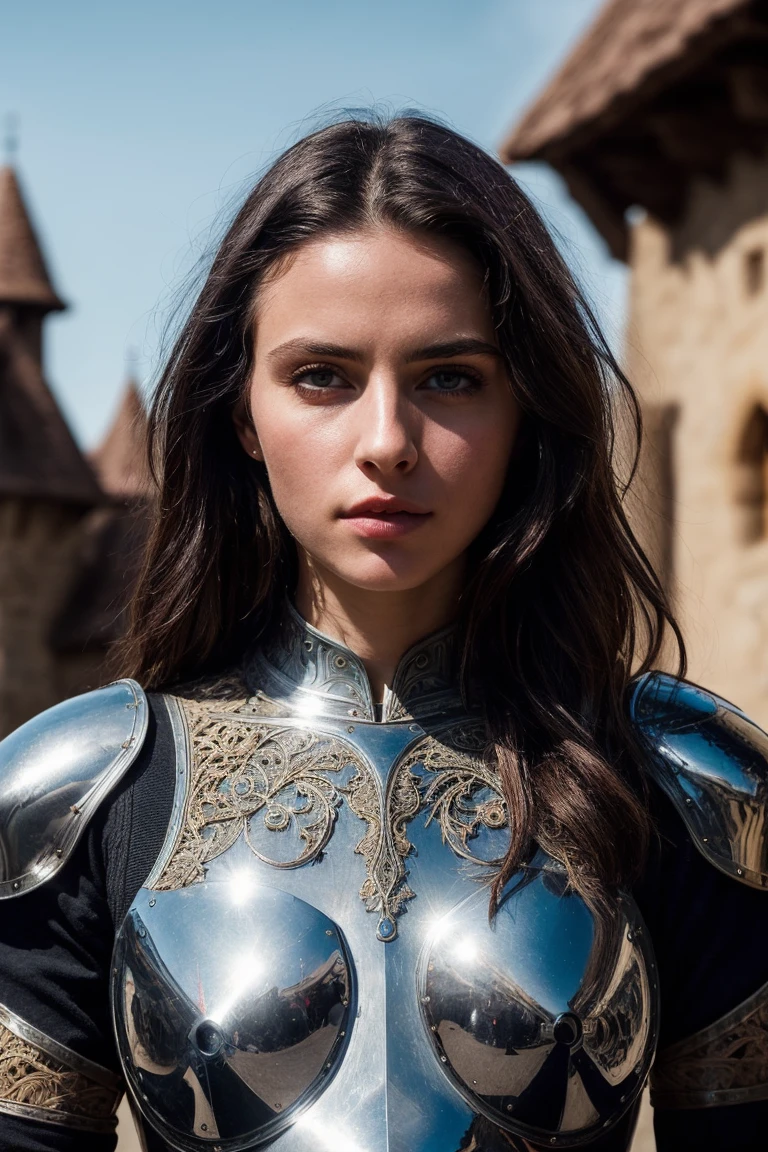 (masterpiece), (extremely intricate:1.3), (realistic), portrait of a girl, the most beautiful in the world, (medieval armor), metal reflections, upper body, outdoors, intense sunlight, far away castle, professional photograph of a stunning woman detailed, sharp focus, dramatic, award winning, cinematic lighting, octane render, unreal engine, volumetrics dtx, (film grain)