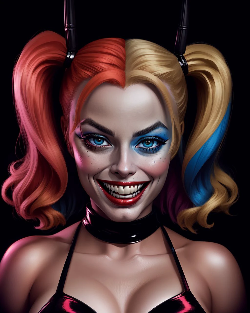 photo RAW, 1/2 shot portrait, person is Harley Quinn, evil grin, Harley Quinn Makeup, masterpiece, award winning photography, lighting, perfect composition, high detail, hyper realistic, dark dramatic lighting, epic,