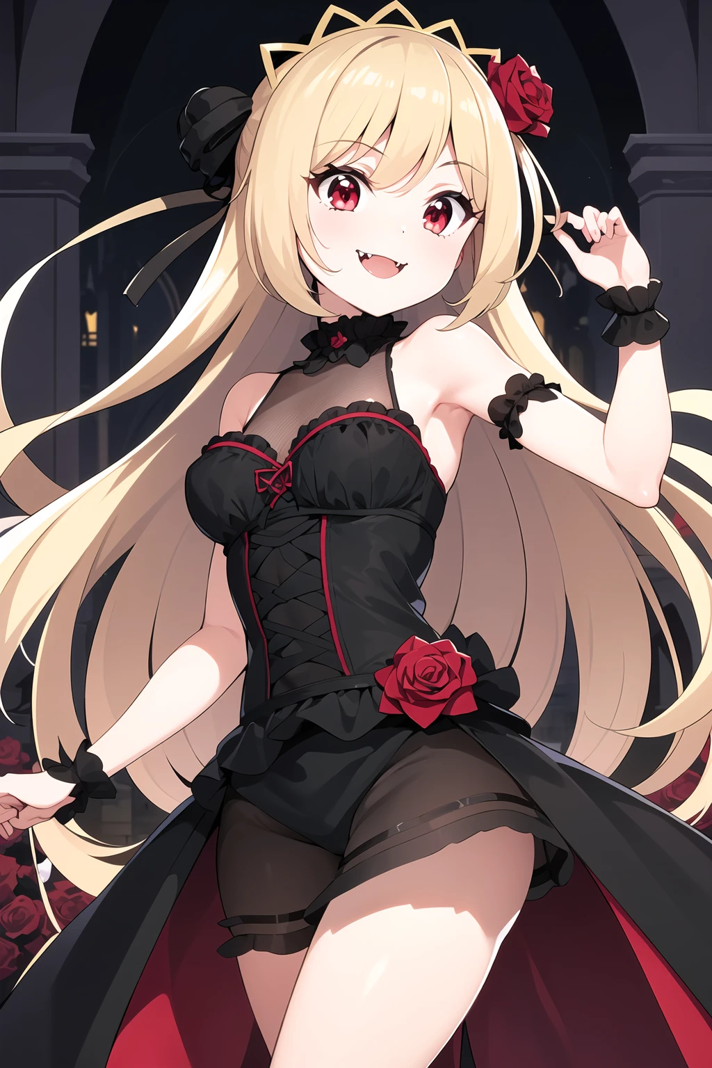 1girl, best quality, ecute, standing, red eyes, rose, hair flower, ribbon, frills, long blonde hair, black dress, fangs, smile, highly detailed, gothic cathedral