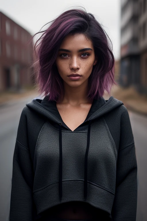 she is wearing a cropped hoodie, imperfect skin, goosebumps, (light freckles:0.9), ((photorealistic):1.1), (raw, 8k:1.3), dark, muted colors, slate atmosphere