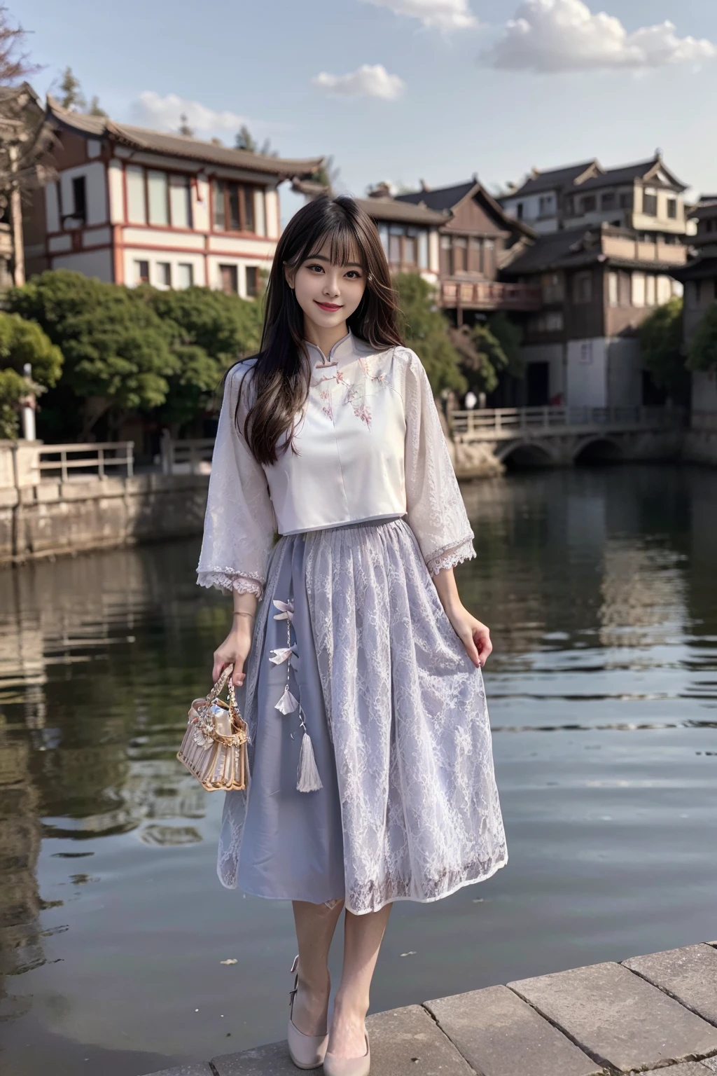 realistic, photorealistic, masterpiece, best quality, cns_dress, 1girl, solo, smile, long black hair, looking at viewer, cute, standing by a river, full body, detailed background, ancient chinese water town, blue sky, cloud, <lora:chinaDollLikeness_v10:0.7>, <lora:cns_dress_style1_v3:0.7>