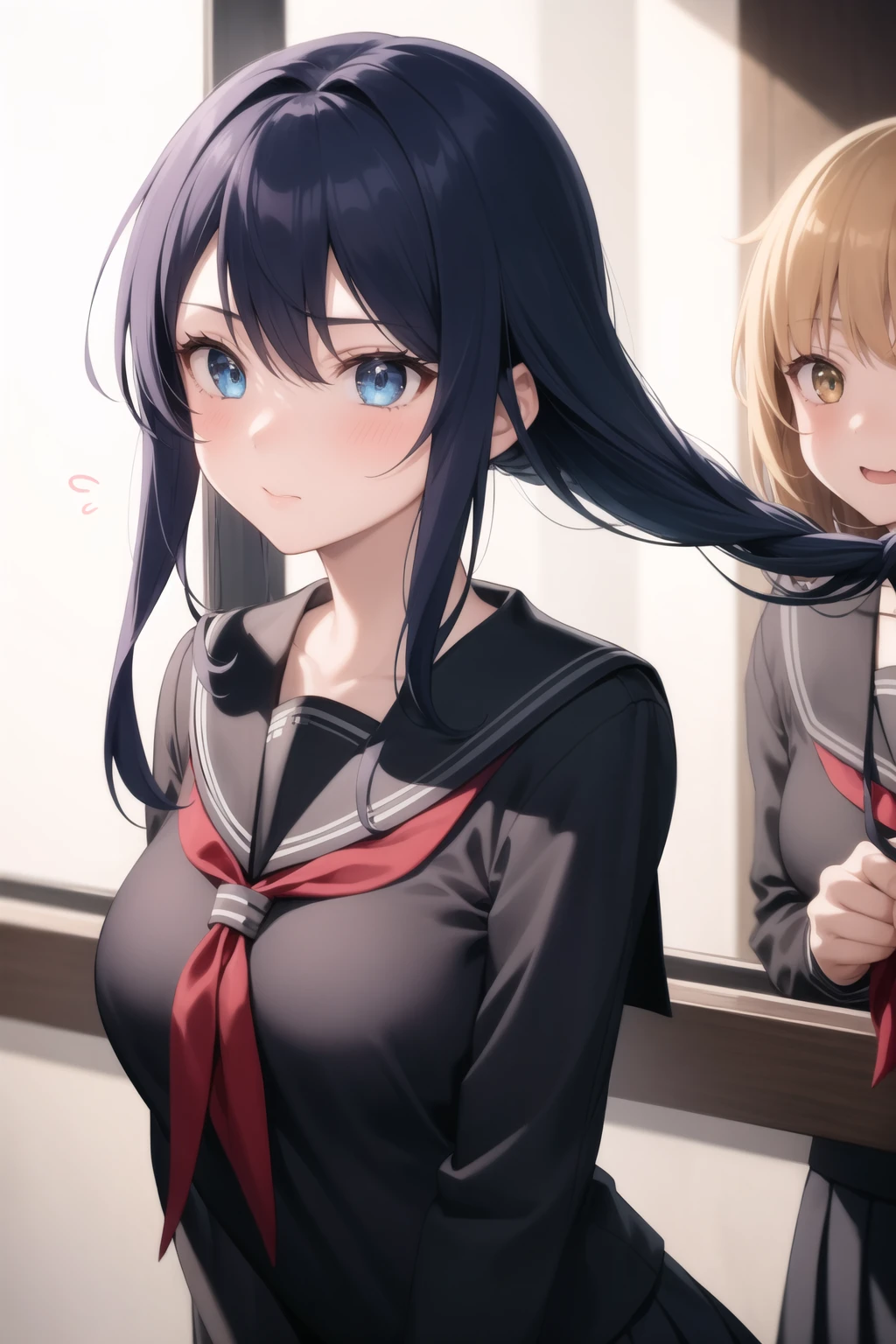 <lora:grabbing_anothers_hair_v0.1:1.0>
1girl, grabbing another's hair, school uniform, long hair, blue hair, multiple girls, serafuku, holding another's hair,, masterpiece, best quality, highly detailed