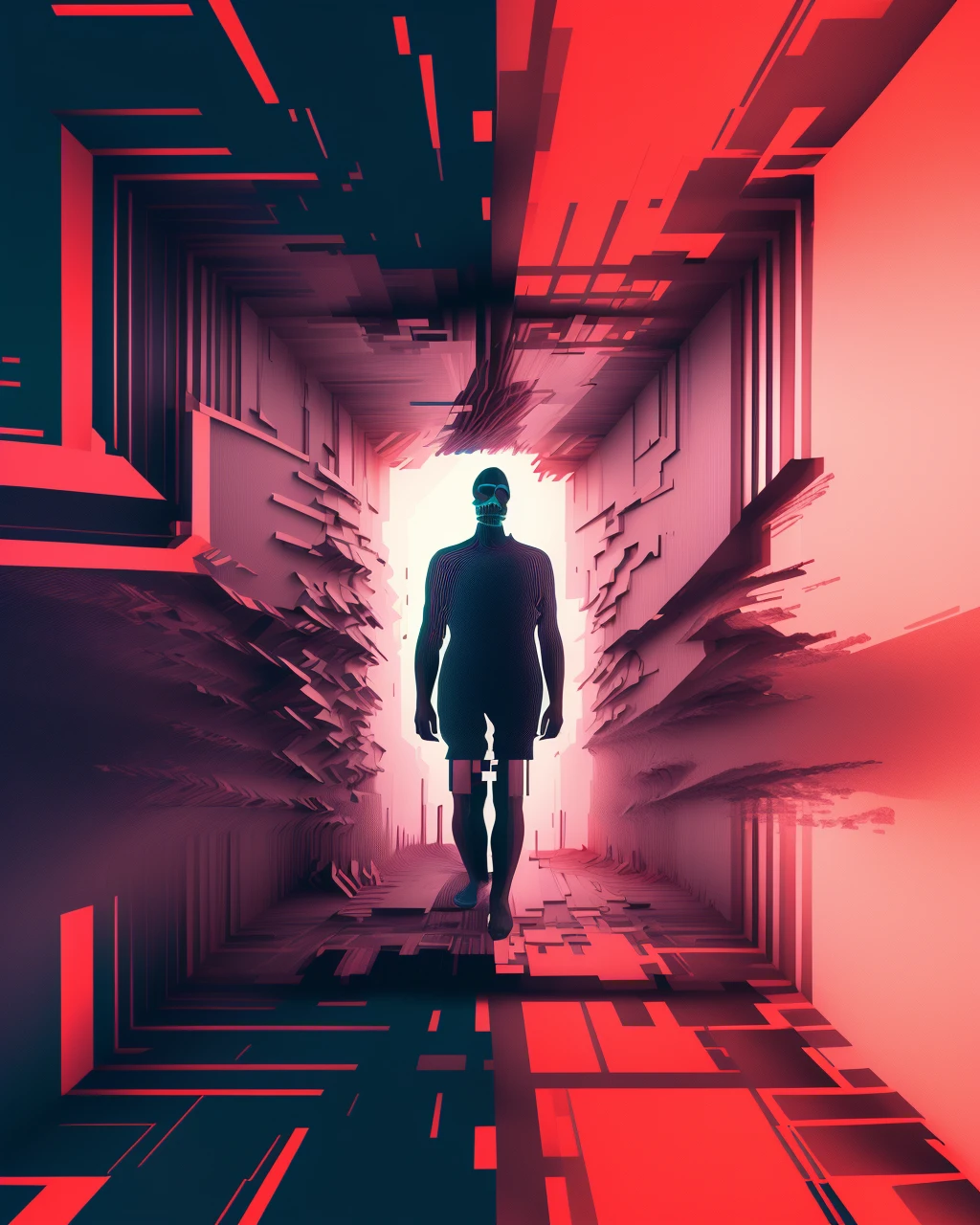 a man standing in a tunnel with a red light coming through it and a red and blue background, glitch art