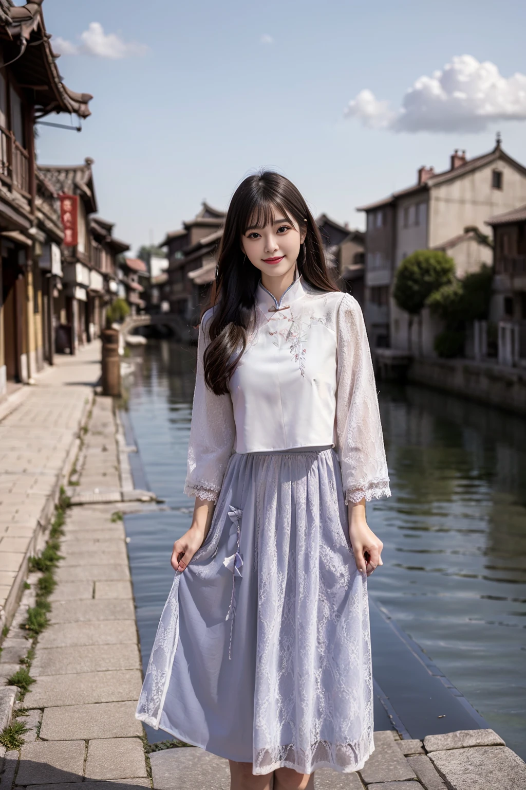 realistic, photorealistic, masterpiece, best quality, cns_dress, 1girl, solo, smile, long black hair, looking at viewer, cute, standing by a river, full body, detailed background, ancient chinese water town, blue sky, cloud, <lora:chinaDollLikeness_v10:0.7>, <lora:cns_dress_style1_v3:0.7>