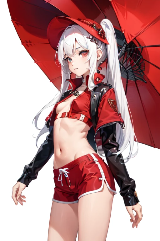 1 girl, white hair,  Perfect features, (masterpiece), (best quality:1.4), ( flat color:1.2), BREAK (red binding shorts:1.2),  <lora:BindingShortsV2:0.7>