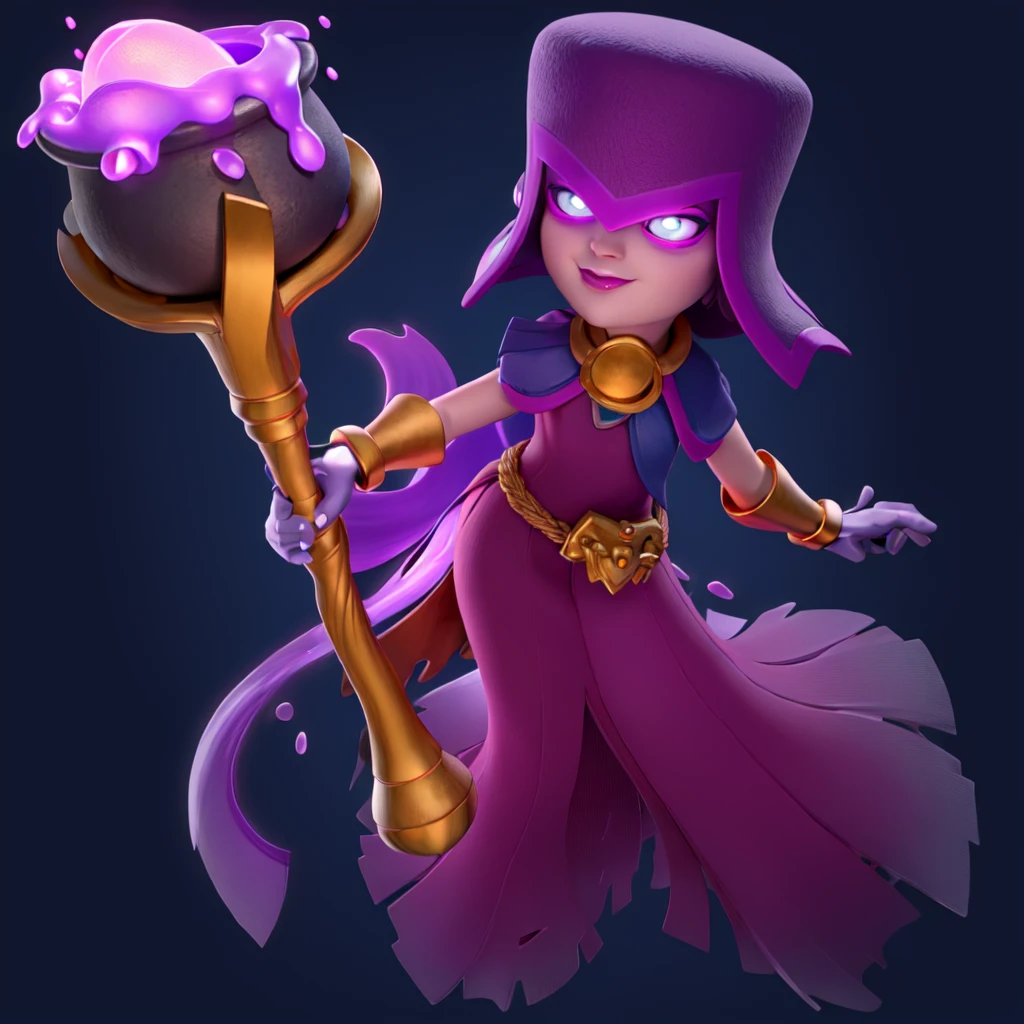 masterpiece, best quality, female necromancer holding a magical staff with a pot filled with glowing purple liquid,glowing purple liquid spill blue background