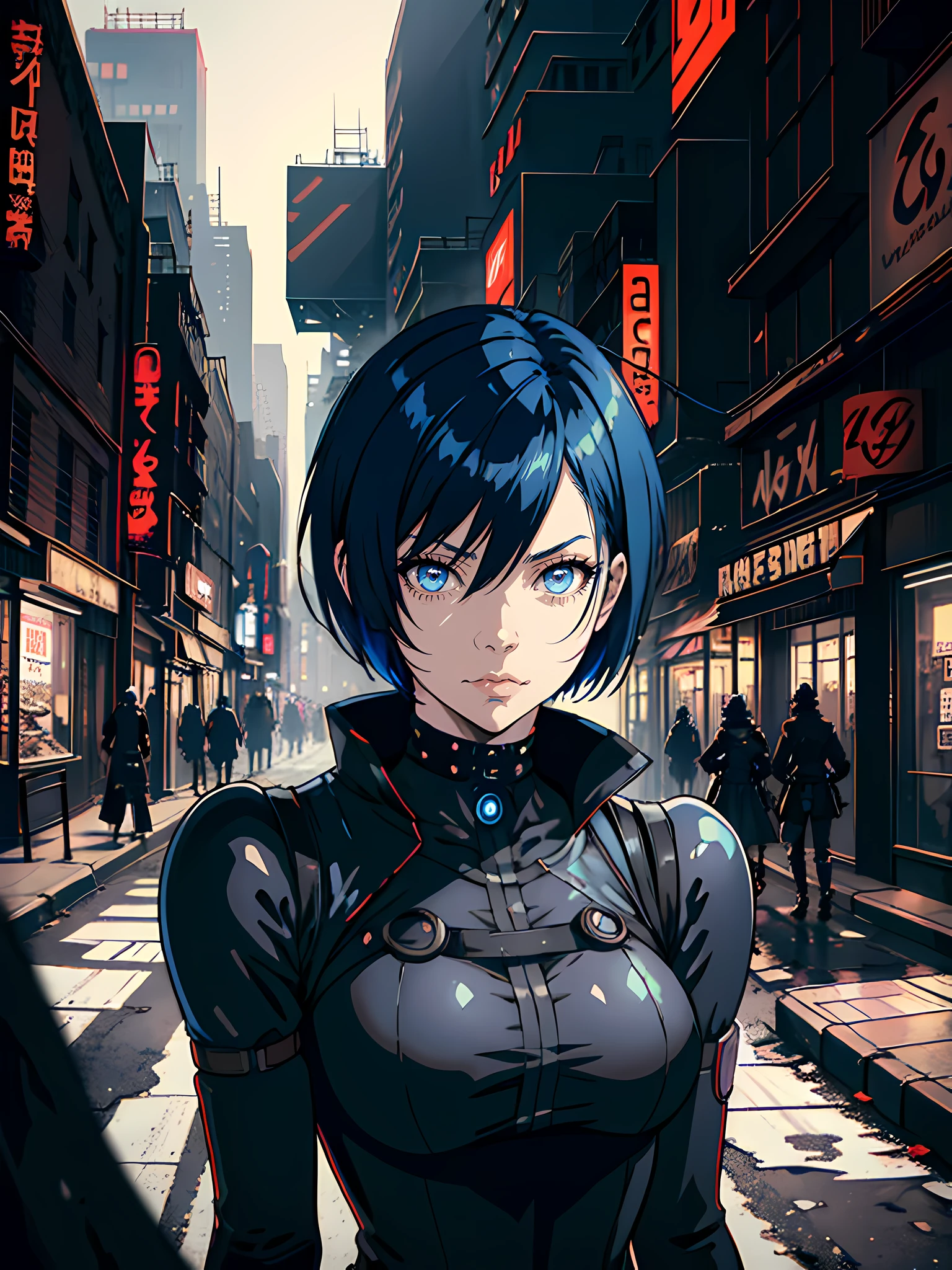 portrait of anime woman with short blue hair, wearing black cyberpunk Victorian era dress, in post apocalyptic New York City Street, high resolution, illustration