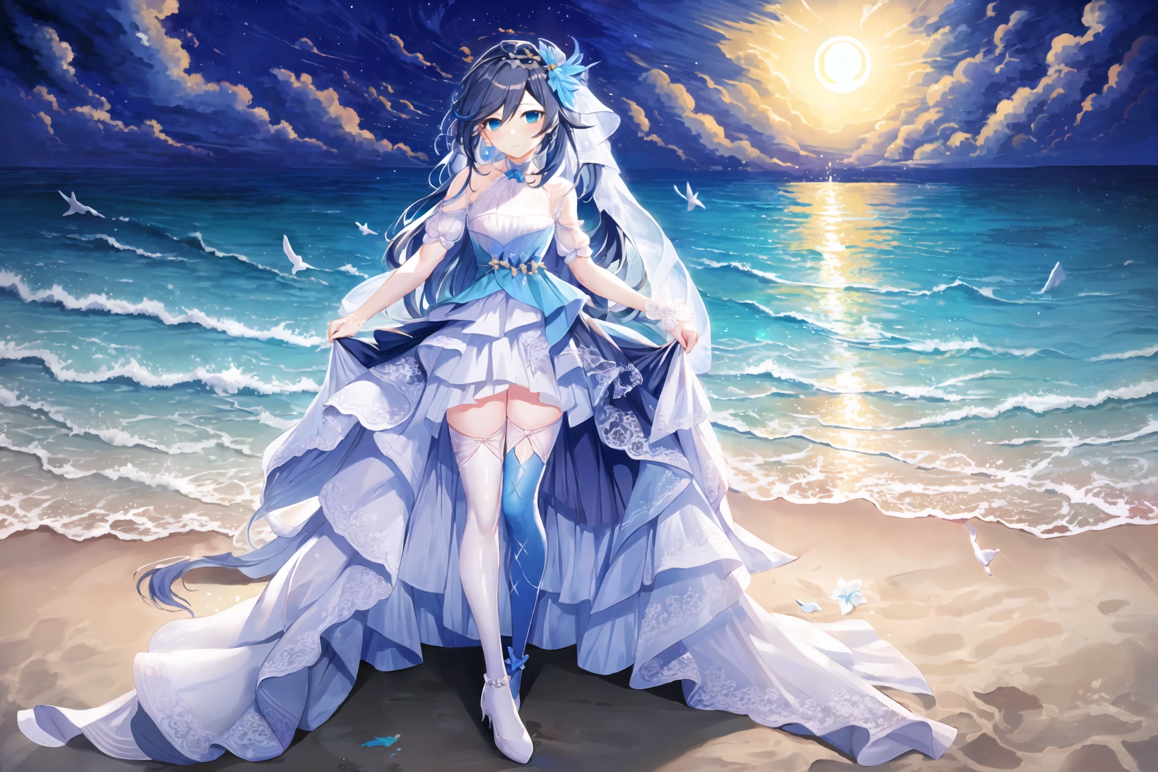 masterpiece, best quality,1girl, Fu Hua\(Cerulean Court\),hair ornamet, <lora:Cerulean Court_v5.2:0.8>,small breasts,moonlight, thighhighs, full body,wedding dress, <lora:lihui4JXK-b2-bf16-128-128-1-re1-ep3-768-DA-5015fix:0.7>,white background,sea,sand,ocean,water,cowgirl position, white high heels,