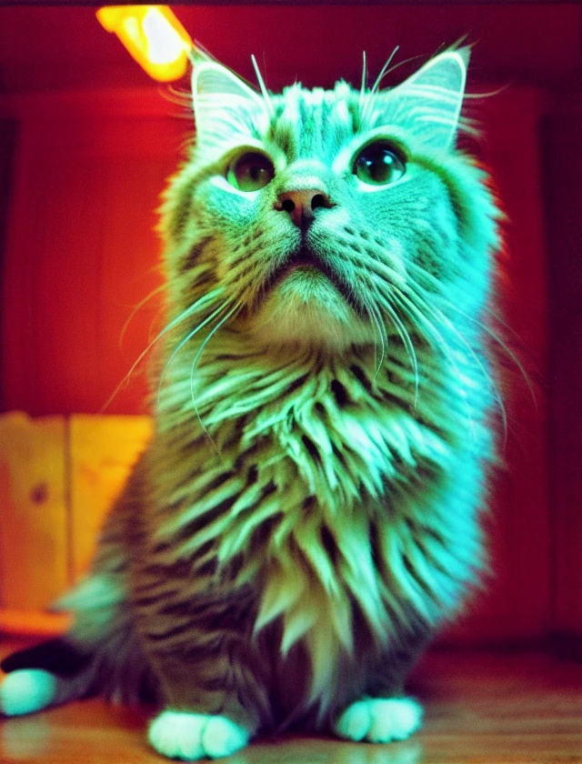lomo, fel, raw photo, film grain, closeup photo, siberian cat, room, complex background <lora:Lomo Fisheye:1>