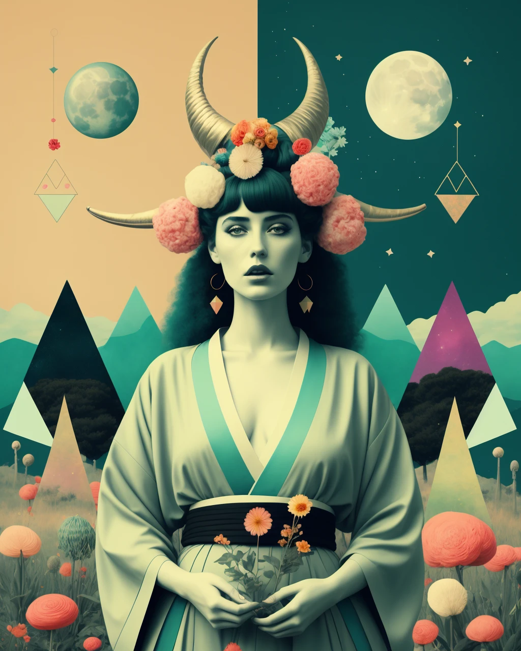 (african woman) with kimono and big horns and flowers in her turquoise hair in the middle of a field of candy, Arabella Rankin, otherworldly, an album cover, aestheticism, colorful triangles and moon and stars background