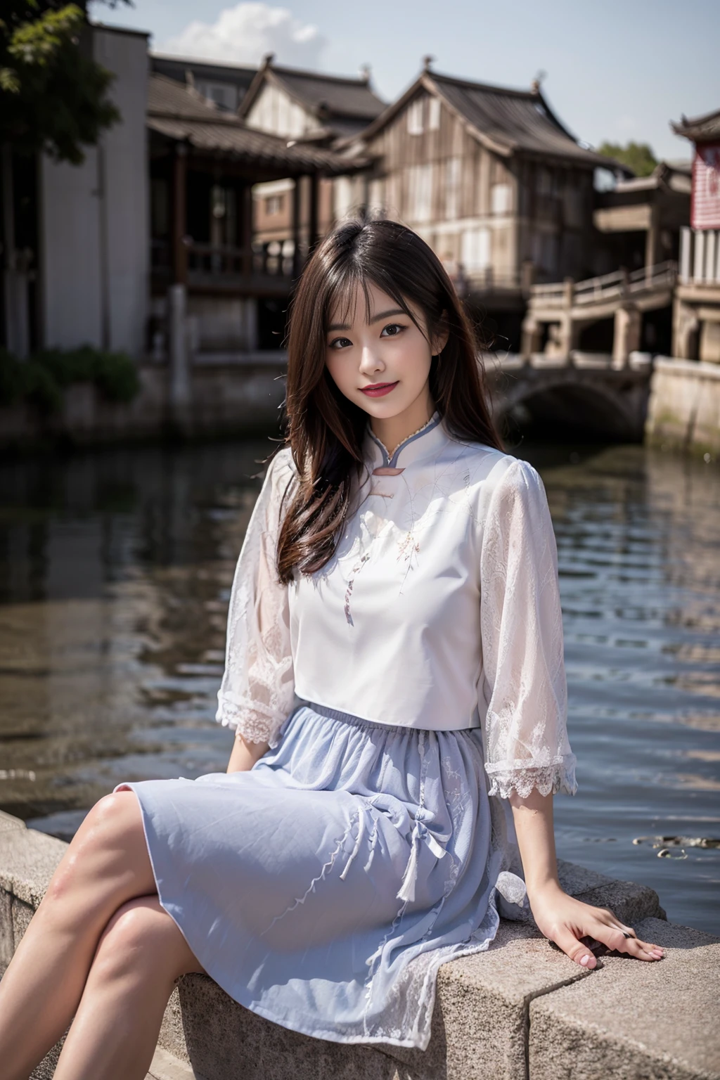 realistic, photorealistic, masterpiece, best quality, cns_dress, 1girl, solo, smile, long black hair, looking at viewer, cute, sitting by a river, full body, detailed background, ancient chinese water town, blue sky, cloud, <lora:chinaDollLikeness_v10:0.7>, <lora:cns_dress_style1_v3:0.7>