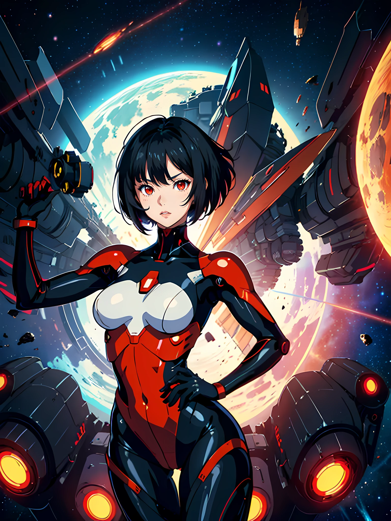 half body portrait of anime woman with short black hair, red eyes, wearing skin tight mecha bodysuit, in space ship, high resolution, illustration