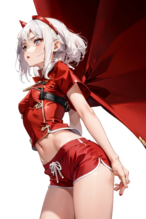 1 girl, white hair,  Perfect features, (masterpiece), (best quality:1.4), ( flat color:1.2), BREAK (red binding shorts:1.4),  <lora:BindingShortsV2:0.8>