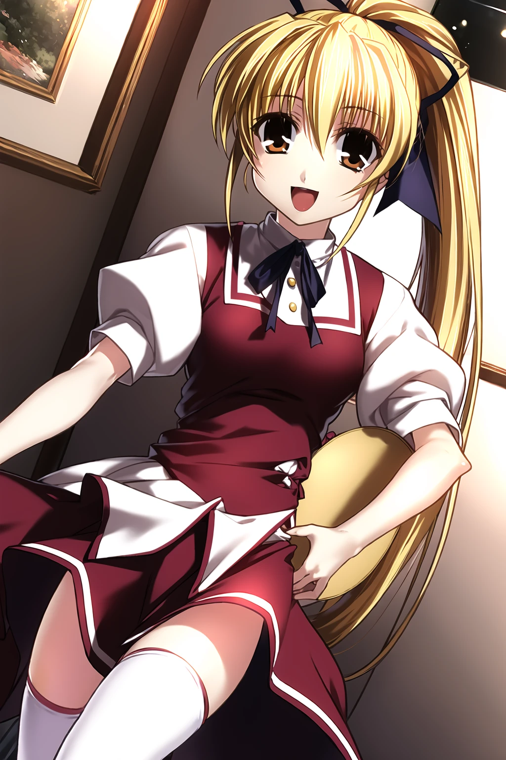 ((masterpiece, high quality, best quality)),
1girl, waitress, white thighhighs, blonde hair, long hair, ponytail, tray, dutch angle, ribbon, brown eyes, zettai ryouiki, hair ribbon, skirt, open mouth, smile,
<lora:yuuki-style_v1.0:1.0>