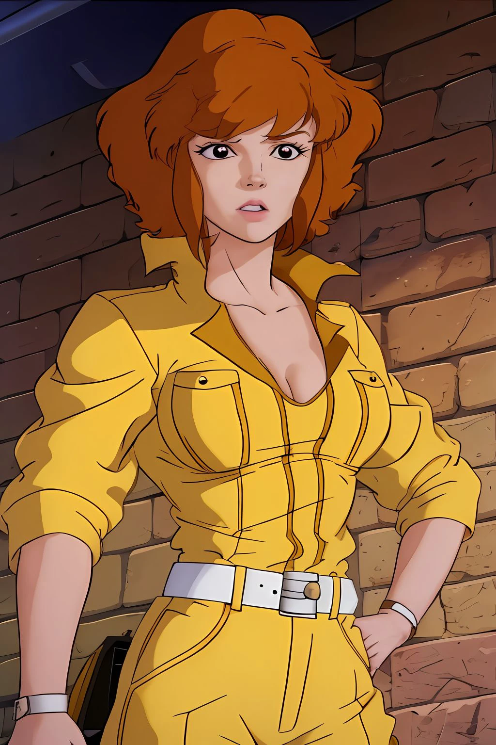 absurdres, april o'neil, 1girl, short brown hair, black eyes, upper body, yellow jumpsuit, sleeves rolled up, white belt <lora:April O'Neil_v1:1>