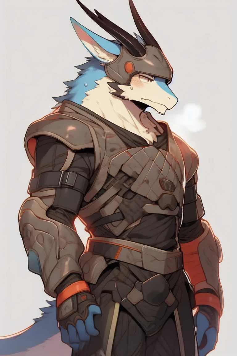 nj5furry, sweat, furred dragon, helmet, standing, armor, male, horns, mature male