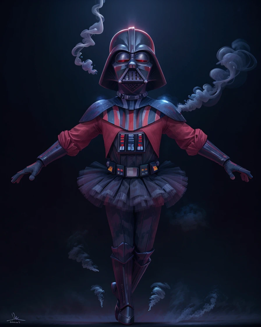 photo RAW,(close-up a darth vader dancing ballet while wearing a tutu, dynamic pose,on beautiful scene,smoke, Burgundy and dark_blue colors), masterpiece, award winning photography, lighting, perfect composition, high detail, hyper realistic,dramatic lighting, epic