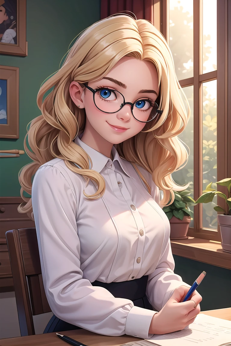 Cowboy Shot,((glossy eyes)),(masterpiece, best quality:1.4)best quality, high detail, (detailed face), detailed eyes, (beautiful, aesthetic, perfect, delicate, intricate:1.0), <lora:more_details:0.3>,<lyco:GoodHands-beta2:1>, <lyco:GPTS4 dreamwave full_478773:0.3>, a pretty young girl Emily Bett Rickards with a button nose a barrette holding her messy wavy blonde hair ringlets frame her face a quiet study green plants on the windowsill rays of morning light she smiles softly under black oval glasses reading peacefully a white peasant blouse sleeves rolled up to her elbows a pencil in hand