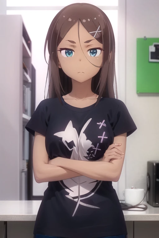 (extremely detailed CG unity 8k wallpaper), (masterpiece), (best quality), (ultra-detailed), (best illustration), (best shadow), (absurdres), 1girl, solo, <lora:umiko:0.8>, ahagon umiko, closed mouth, crossed arms, t-shirt, looking at viewer