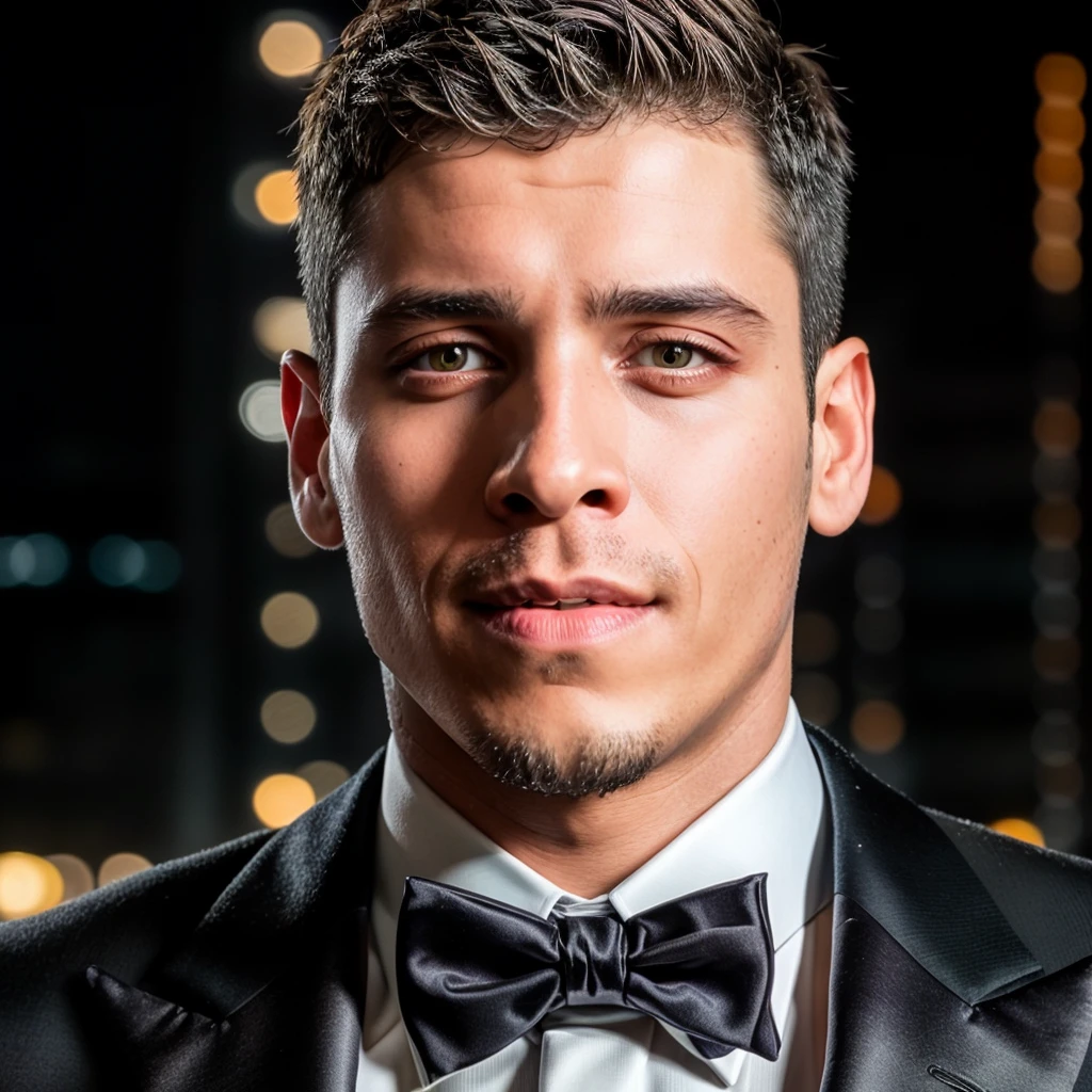 face portrait of hectorsta person using a tuxedo, in blade runner, professional photography, high resolution, 4k, detailed photo,  <lora:hectorsta_12250:1>