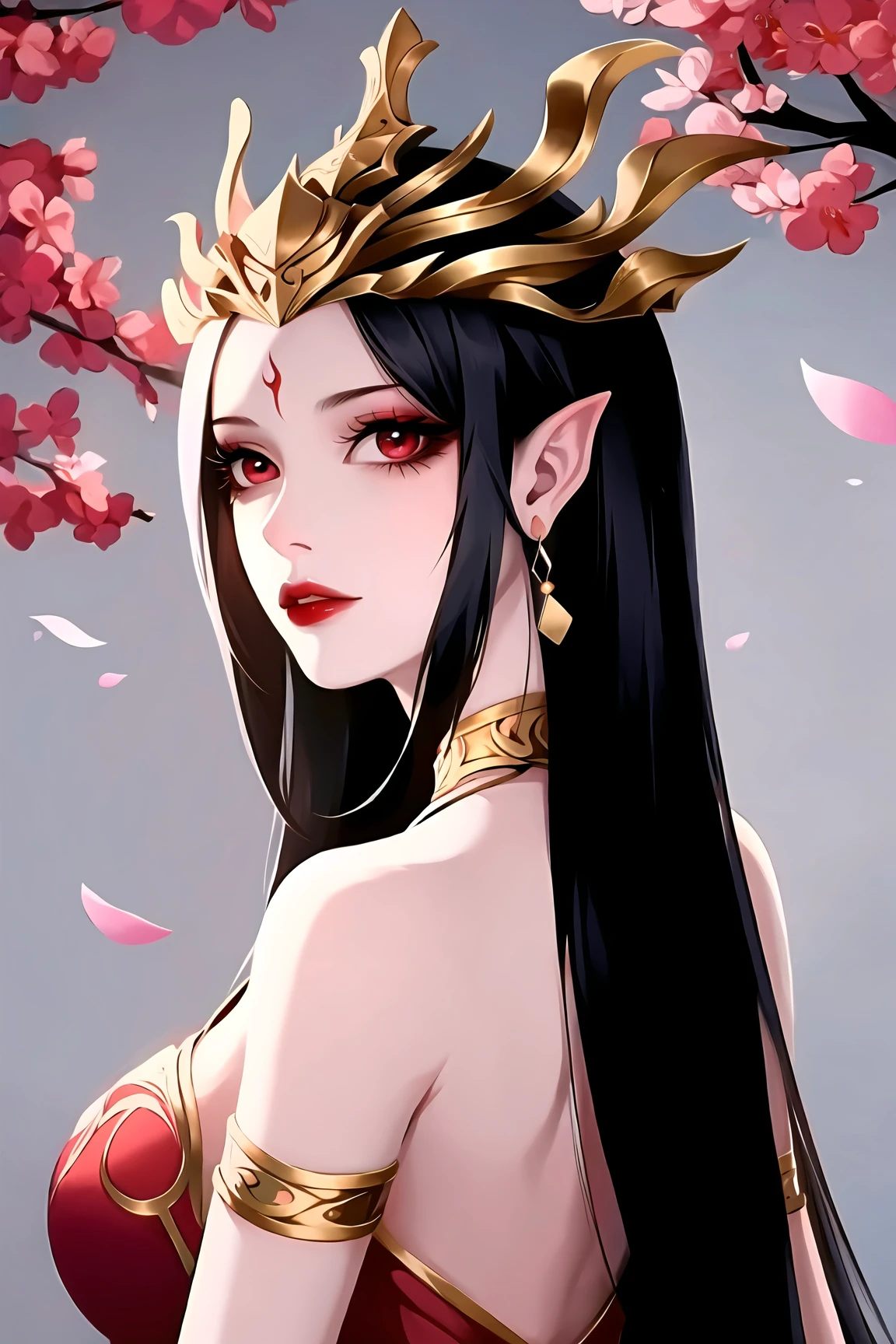 1girl, long hair, hair ornament, red eyes, solo, facial mark, jewelry, black hair, forehead mark, earrings, pointy ears, petals, falling petals, upper body, looking at viewer, bare shoulders, looking back, dress, expressionless, portrait,cai lin,<lora:cailin-v1.5-lora-naivae-final-6ep:0.7>