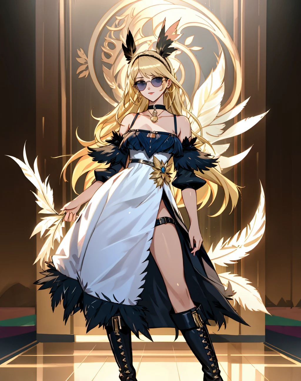 solo,1girl,4K, Masterpiece, highres, absurdres,blonde Nadia with sunglasses and a choker,
edgNoire,Haute_Couture, ([see through designer dress| in a black dress ]::0.5) , ((feathered top)) and boots, woman wearing a Haute_Couture dress, front view, fashion show background
 <lora:edgLycorisNoire:0.6><lora:Nadia:0.4>