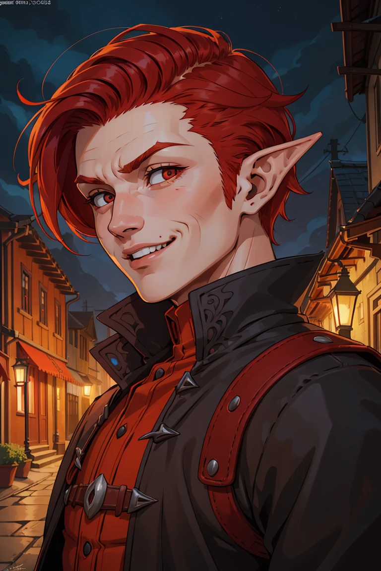 (artwork:1.2),(lineart:1.33),(young boy),portrait elf vampire with red hair undercut in medieval village street,close-up,playful grin,heavy-coat,(hyperdefined),(inked-art),red,orange tones,unusual-angle,cartoon,fantasy gothic aesthetic,complex lighting,(flat colors),ultradetailed,(fine-details:1.2),absurdres, (atmosphere), coherent