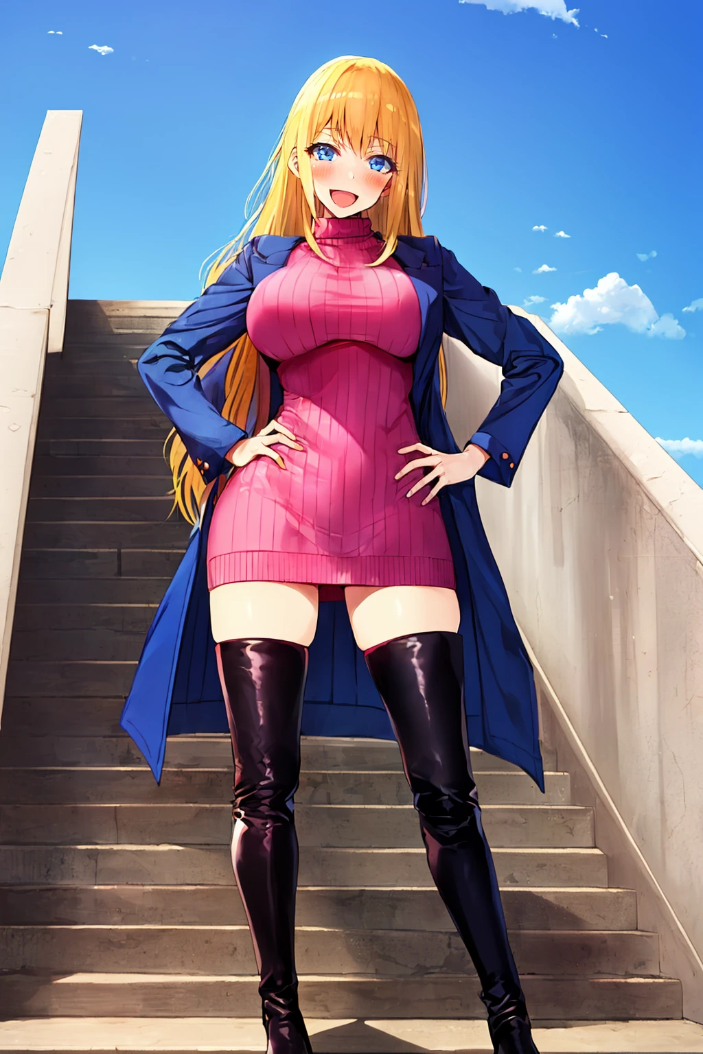 (masterpiece, best quality:1.2), <lora:hot_melon:.65>, hot melon, 1girl, solo, thigh boots, boots, blonde hair, dress, thighhighs, open mouth, long hair, sweater, black footwear, standing, hair intakes, looking at viewer, blue eyes, stairs, open clothes, day, sky, full body, outdoors, sweater dress, hand on hip, open coat, breasts, turtleneck, long sleeves, ribbed sweater, coat, cloud, smile, blue sky, casual, pink dress, large breasts, jacket, short dress, black thighhighs, open jacket, alternate costume, turtleneck sweater, :d, cloudy sky, contrapposto, zettai ryouiki