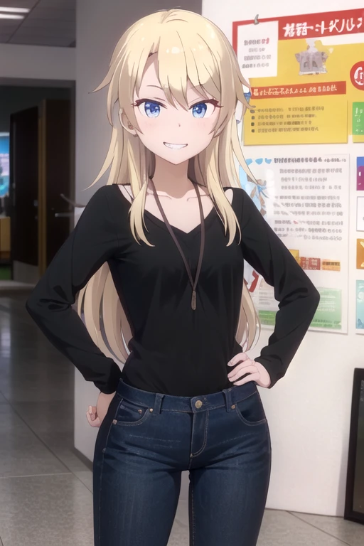 (extremely detailed CG unity 8k wallpaper), (masterpiece), (best quality), (ultra-detailed), (best illustration), (best shadow), (absurdres), 1girl, solo, <lora:kou:0.8>, yagami kou, black shirt, jeans, collarbone, smile, smirk, grin, hand on hip, looking at viewer