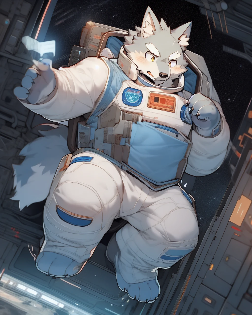 nj5furry, wolf, white fur,white body, kemono, full-length portrait, anthro, male, detailed, hi res, astronaut, universe