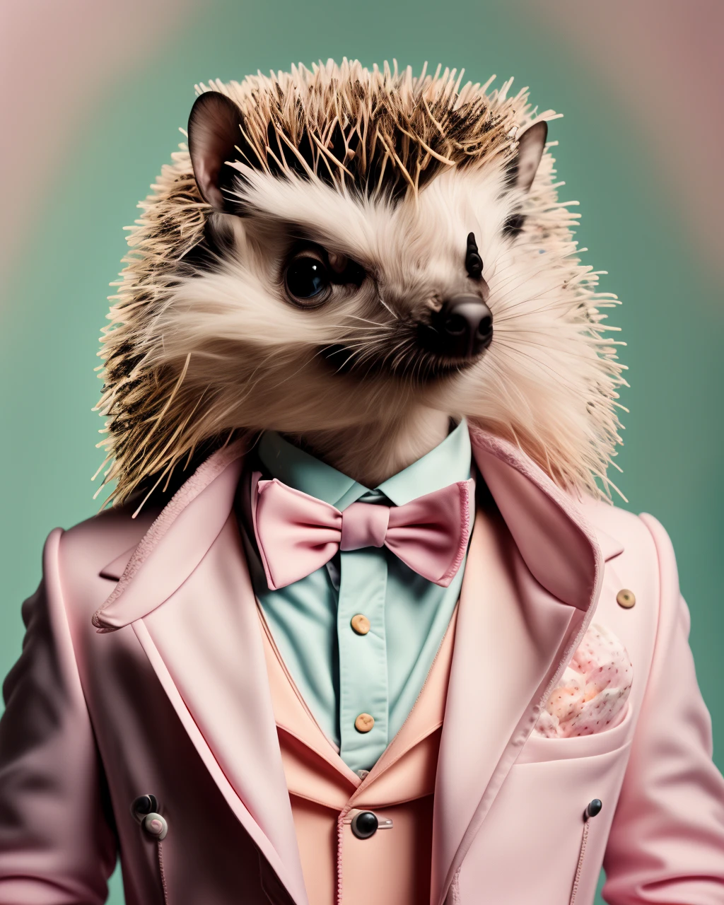 photo portrait, a hedge wearing a pink jacket and a bow tie with a pink jacket and a pink jacket with a pink jacket and a pink jacket with a pink jacket and a pink jacket with a hedge , Annabel Kidston, professional photo, a character portrait, kitsch movement, pastel colors