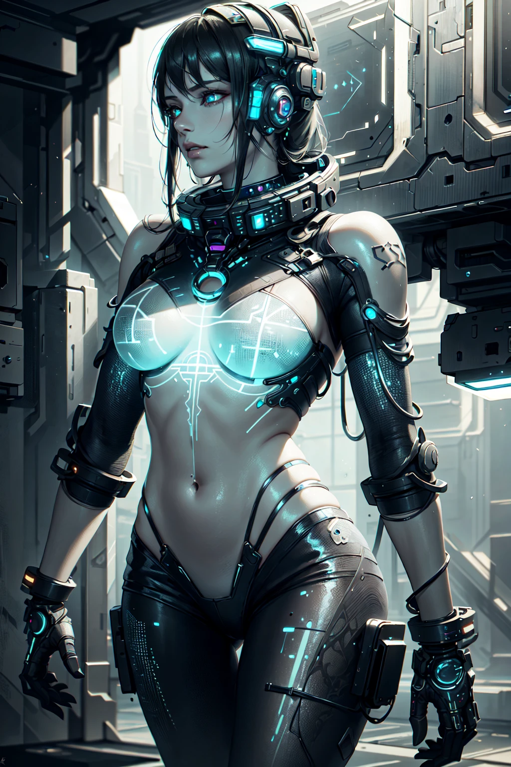unparalleled masterpiece, ultra realistic 8k CG, perfect artwork, intricate details, cyberpunk, 1girl, wearing Collectable Space Age Pearlescent Bracers, soft focus, Modern Art, key light, Grayscale, glittering, runes, Light streaks, highly detailed, 64K,
