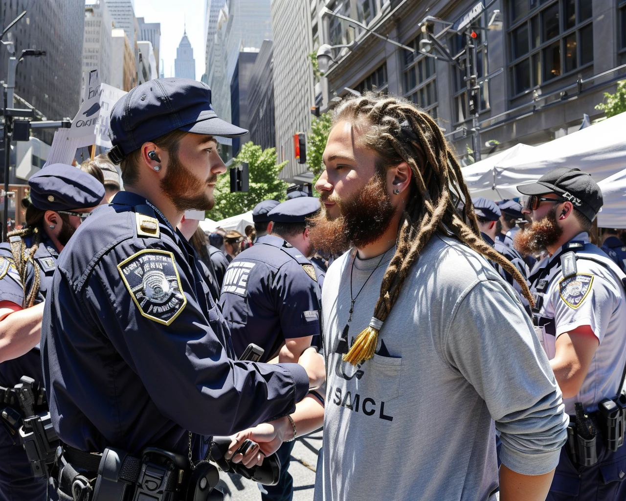 beautiful Occupy Wall Street protestor, natty dreads, big breasts, crew-neck boho dress, escorted by two cops on Wall Street, crowd in background, hot, sunny, humid, New York <lora:handcuffed0.6>