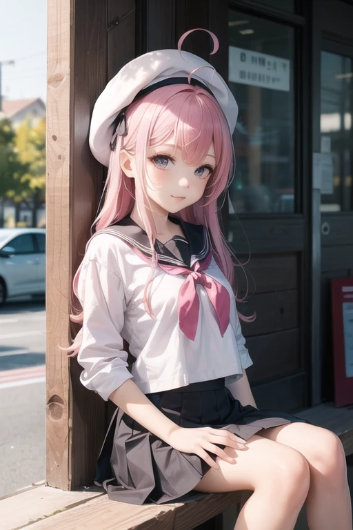 1girl,cute face,white beret, serafuku, pink hair, long wavy hair, sitting, (ahoge),antenna hair, pleated skirt,