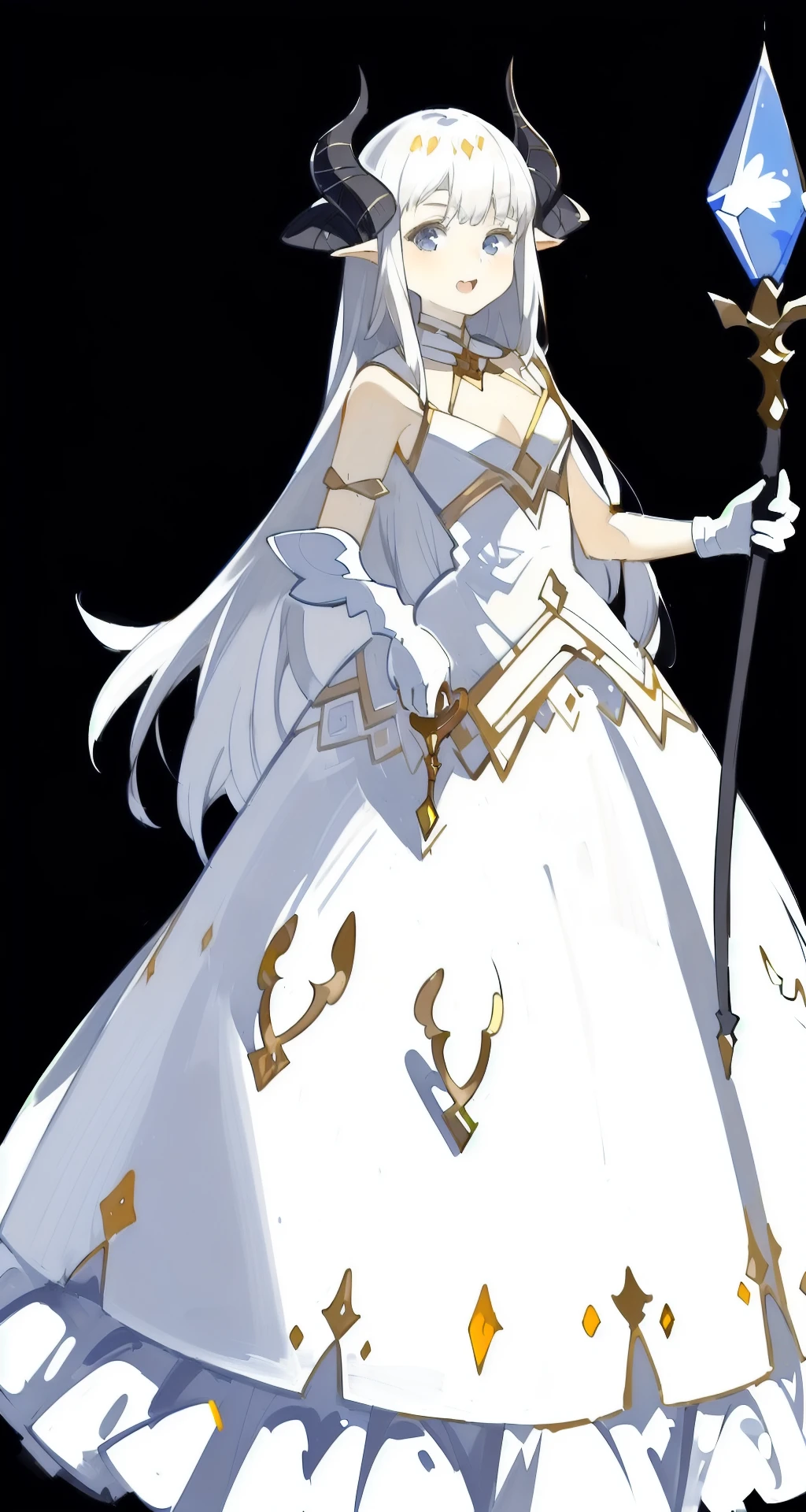 \(alchemy stars\), by sharshadowmagic, 1girl, solo, long hair, horns, staff, black background, dress, open mouth, gloves, holding, holding staff, white dress, crystal, see-through, short eyebrows