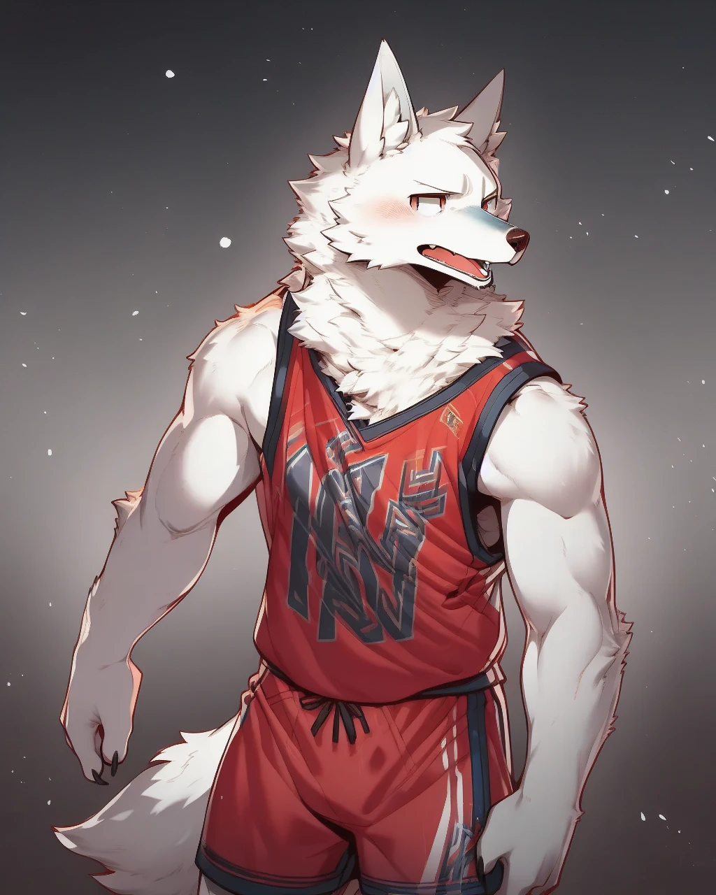 nj5furry, wolf, (white fur,white body:1.5), kemono, three-quarter portrait, anthro, male, horns, detailed, hi res, basketball uniform, slim