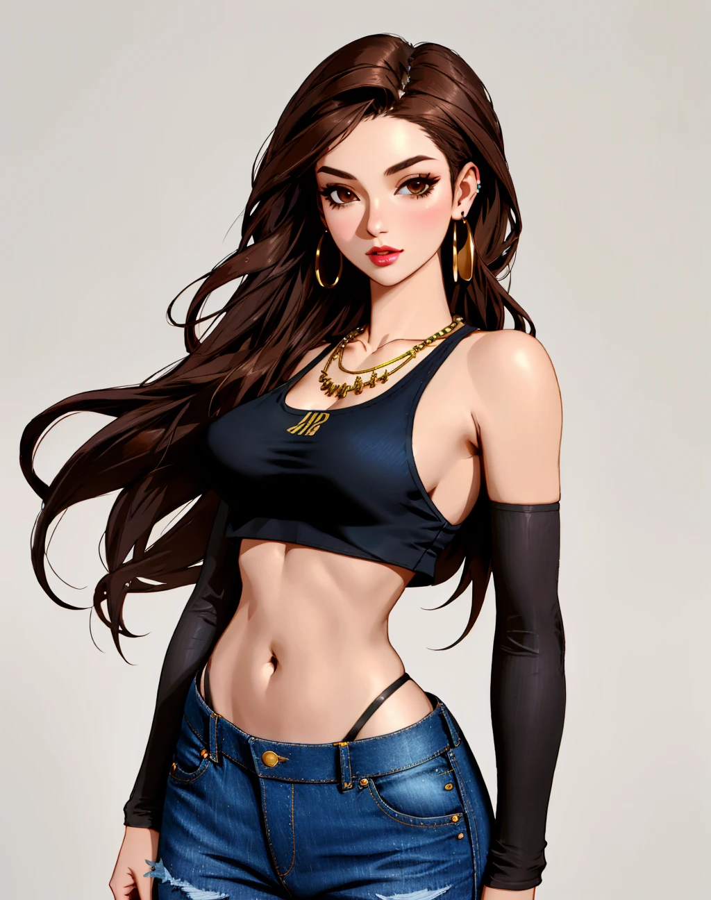 4K, Masterpiece, highres, absurdres,
1girl, solo, long hair, breasts, looking at viewer, skirt, brown hair, black hair, navel, brown eyes, jewelry, earrings, detached sleeves, midriff, pants, grey background, necklace, lips, crop top, tank top, denim, jeans, realistic, fashion, denim skirt, wearing edgWhaleTail, visible thong
<lora:edgWhaleTail1:0.8>