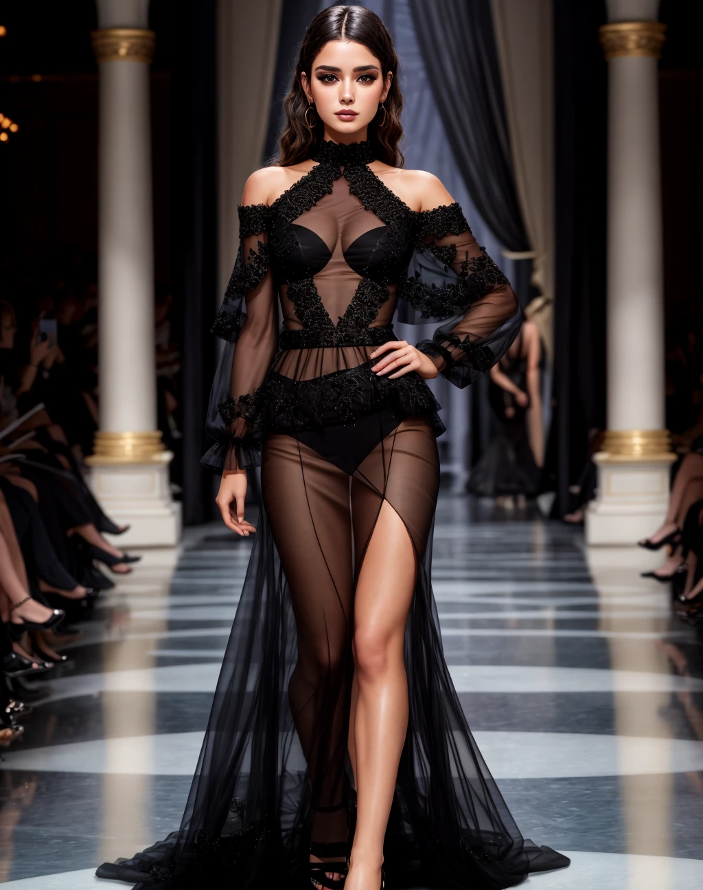 solo,1girl,4K, Masterpiece, highres, absurdres,
edgNoire,Haute_Couture, ([see through designer dress| in a black dress ]::0.75) , woman wearing a [edgNoire|Haute_Couture]_(sheer black dress), front view, fashion show background 
 <lora:edgLycorisNoire:0.7>