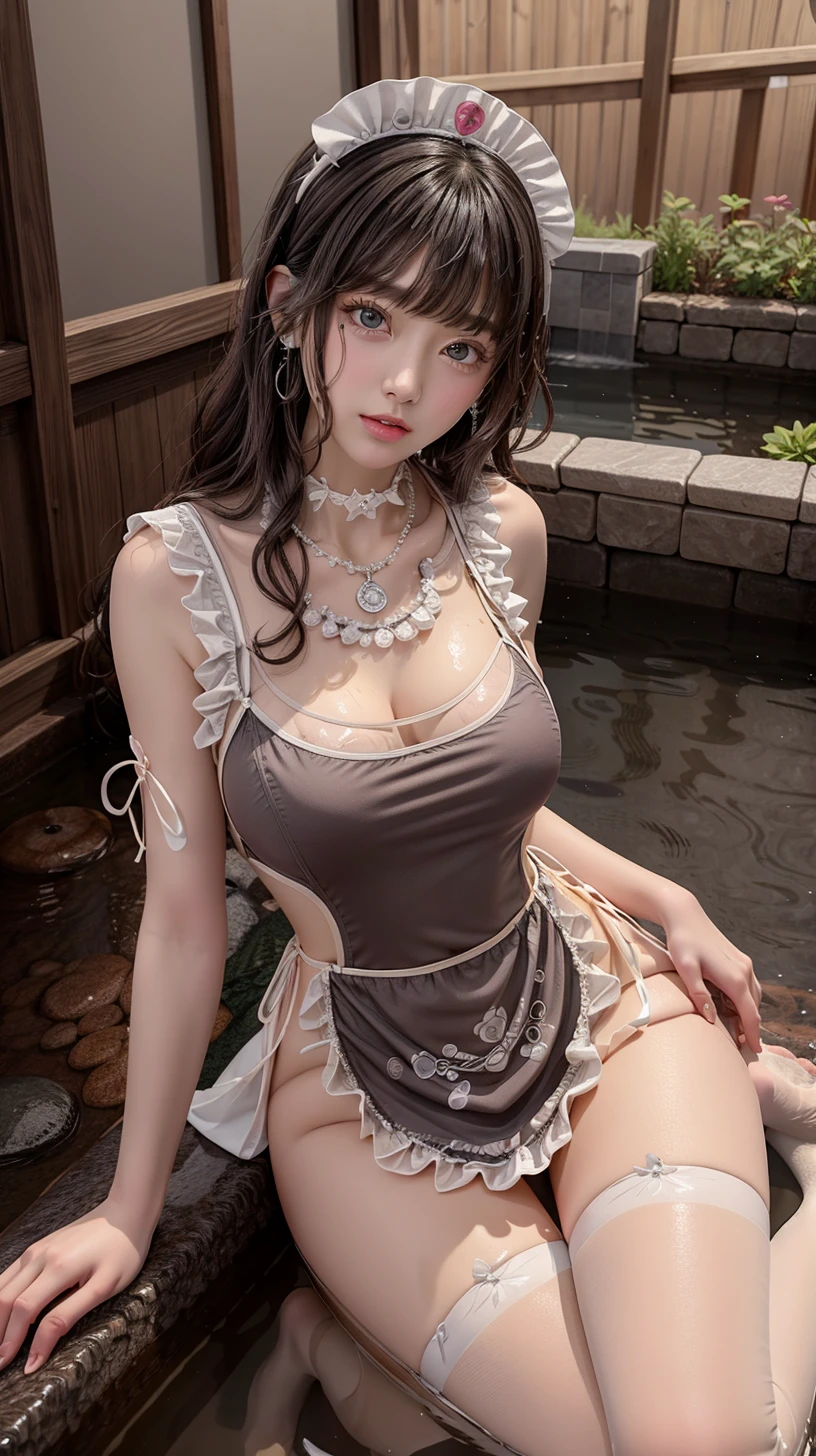 masterpiece,best quality,bathroom,close up,onsen,in water,wet clothes,outdoors,bright light,1girl,jewelry,earrings,necklace,beautiful face,black hair,full body,sitting,steam, water drop,wet dody
<lora:add_detail:0.8>,
<lora:Japanese maid dress v_20230704192404:0.7> white thighhighs, underwear,maid headdress,apron,