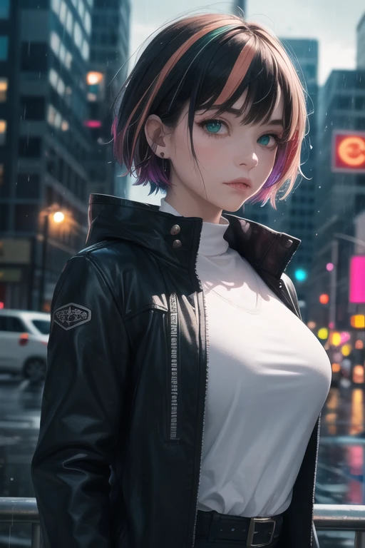 1girl, solo focus, tall female, short hair, multicolored hair, green eyes, jewel like eyes, medium breasts, black coat, white shirt, accessories, city background, futuristic city, night, rain, moody