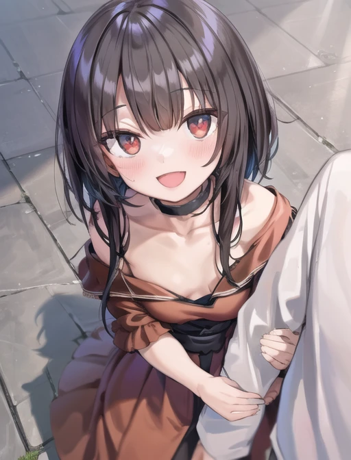 <lyco:pov_arm_hug-08:0.7>pov_arm_hug pov, 1girl, breasts, looking at viewer, blush, smile, short hair, open mouth, bangs, brown hair, black hair, red eyes, 1boy, dress, bare shoulders, collarbone, flower, :d, sidelocks, small breasts, outdoors, solo focus, choker, off shoulder, collar, no bra, shadow, from above, black choker, red dress, looking up, short hair with long locks, green jacket, off-shoulder dress, downblouse