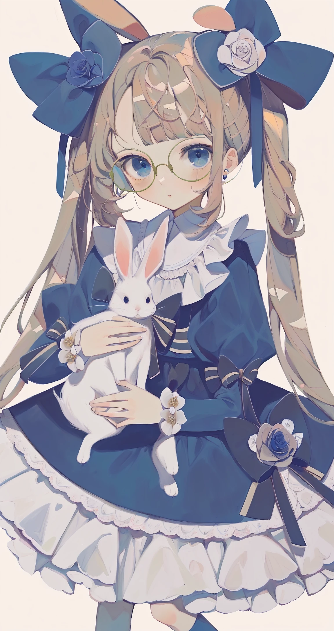 by yogisya, flower, 1girl, dress, white background, glasses, full body, twintails, bow, simple background, rose, solo, bangs, frills, rabbit, crown, holding, looking at viewer, holding animal, long sleeves, blue dress, blue flower, earrings