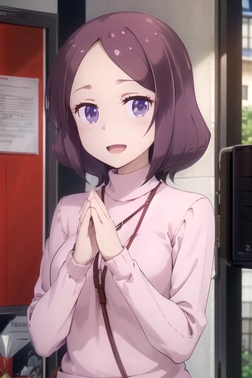 (extremely detailed CG unity 8k wallpaper), (masterpiece), (best quality), (ultra-detailed), (best illustration), (best shadow), (absurdres), 1girl, solo, <lora:rin:0.8>, toyama rin, turtleneck sweater, smile, :d, open mouth, own hands together, looking at viewer
