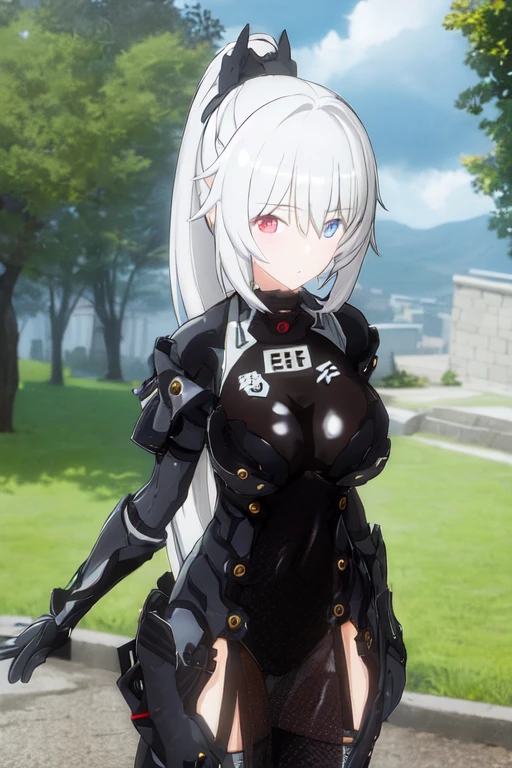 1girl, solo, masterpiece, best quality, outdoors, <lora:kuninotokotachi3:0.7>, kuninotokotachi, heterochromia, ponytail,