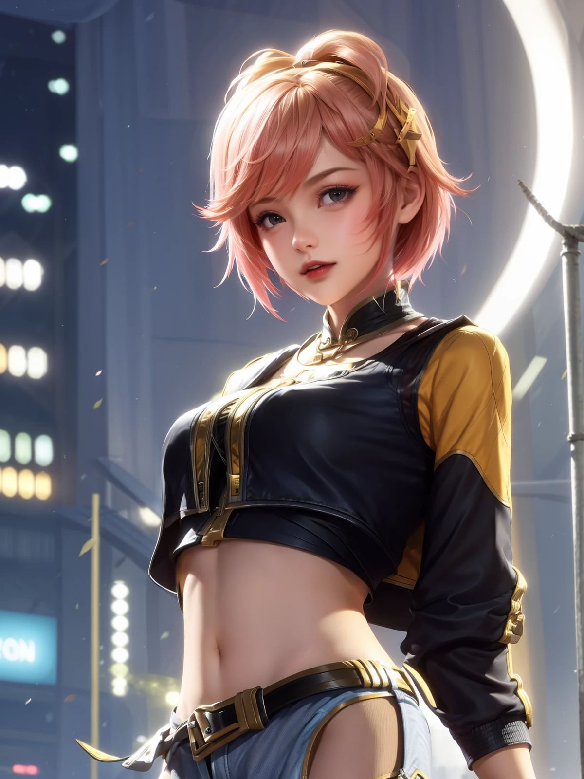 1girl, short hair, jacket, crop top, standing, cityscape, night, lake, navel, looking at viewer, mature female, bangs, arms behind back,hair ribbon, <lora:jixiaoman_20230706134836-000018:0.75>